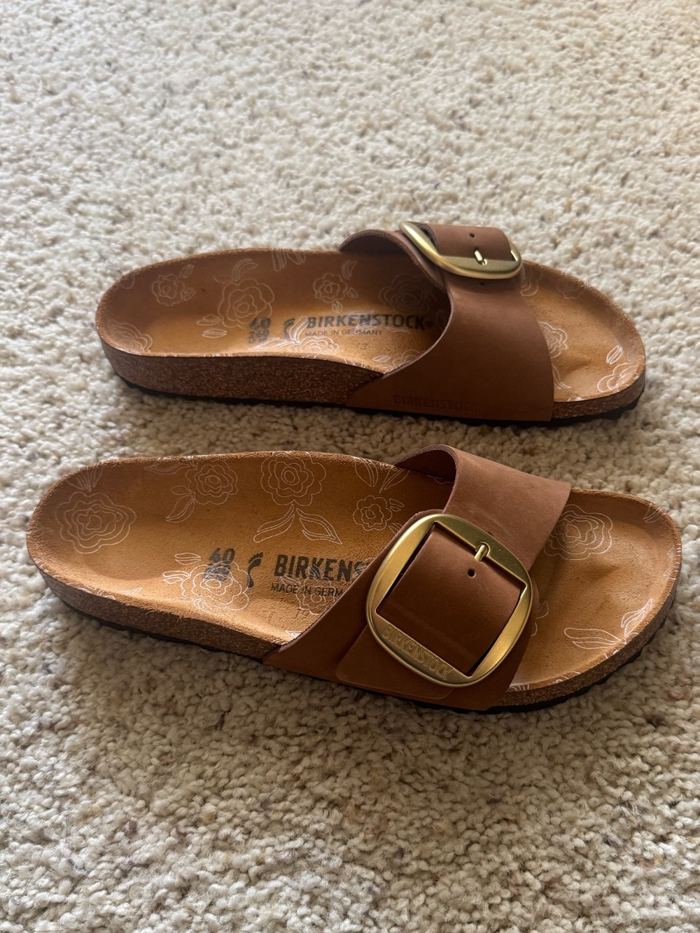 Birkenstock Women's Single Strap Slide Sandal in color Mink with Gold Buckle